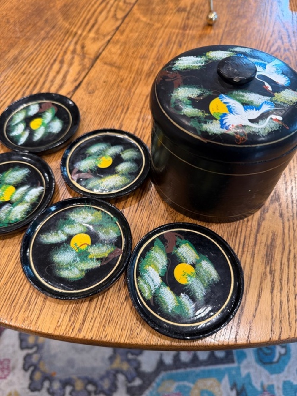 Hand-Painted Black Lacquered Tea Tin with Matching Coasters